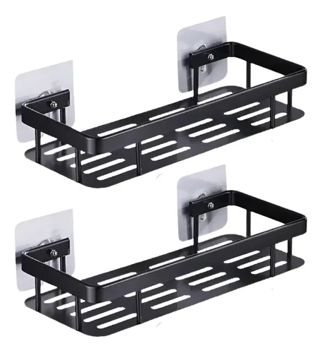 Pack x2 Estantes Repisas Con Adhesivos Para Ducha, Baño y Cocina -- Organizador Baño Ducha Metálico Negro Mate con Instalación sin Perforaciones Estante Shampoo Jabonera Levys Bazar